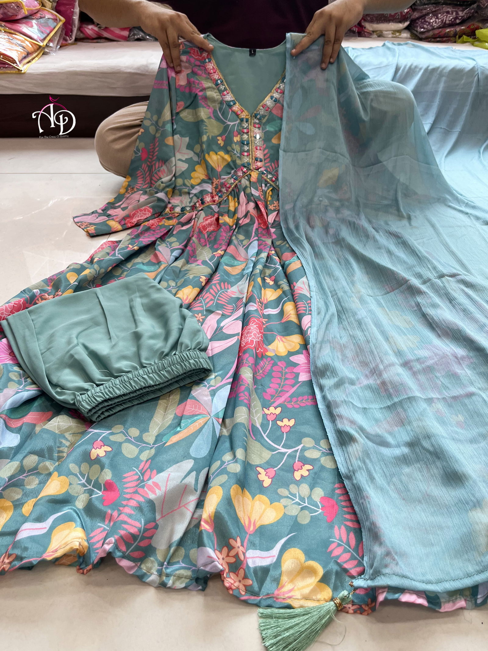 Mehera Green Floral Alia Cut Kurti With Bottom Catalog
